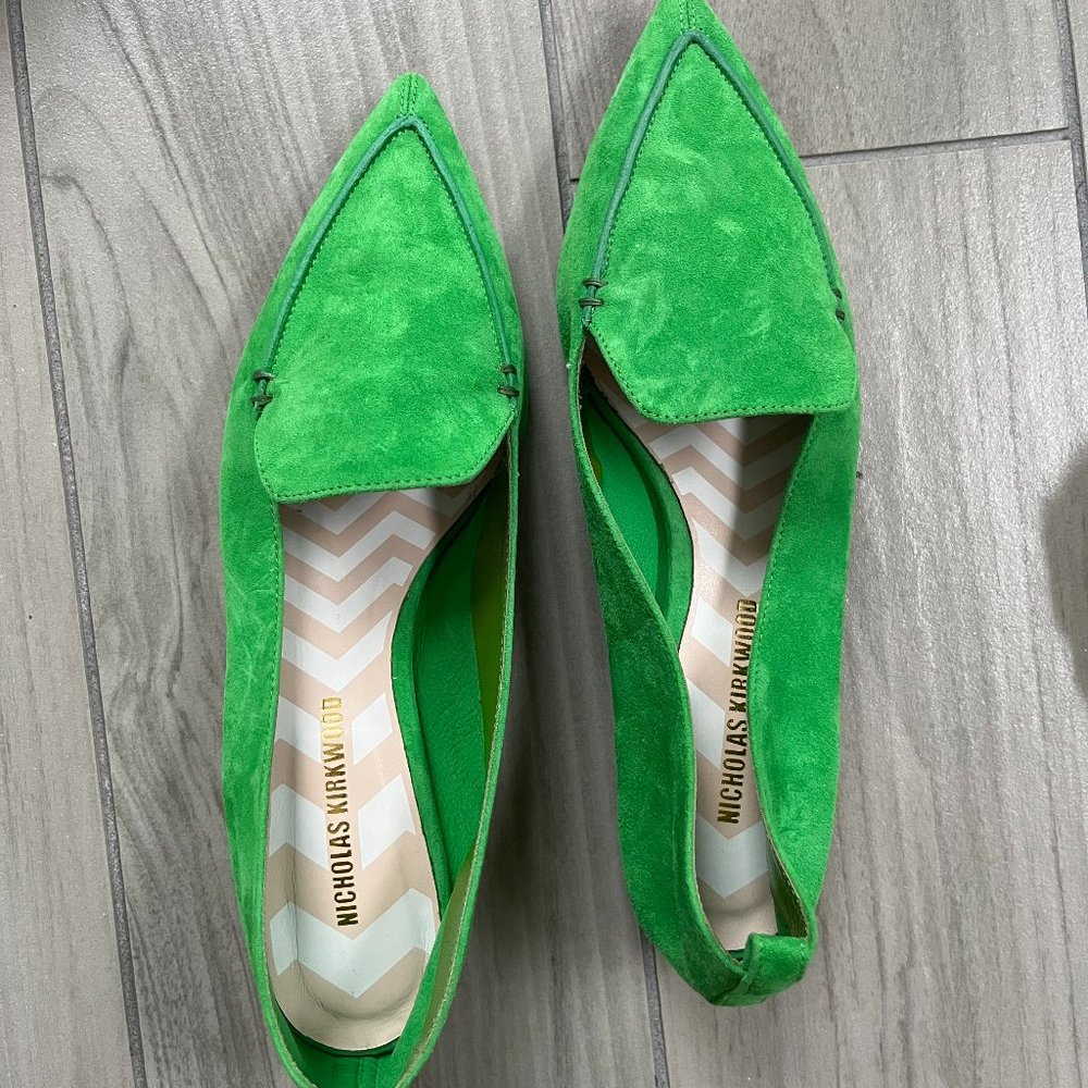 Nicholas Kirkwood Beya Women's Green Suede Loafers Shoes Pointed Toe Flats-38.5
